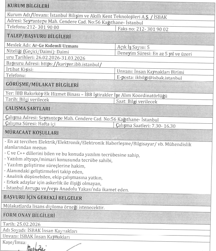 İstanbul Bilişim ve Akıllı Kent Teknolojileri 5 Ar-Ge Kıdemli Uzmanı Alıyor