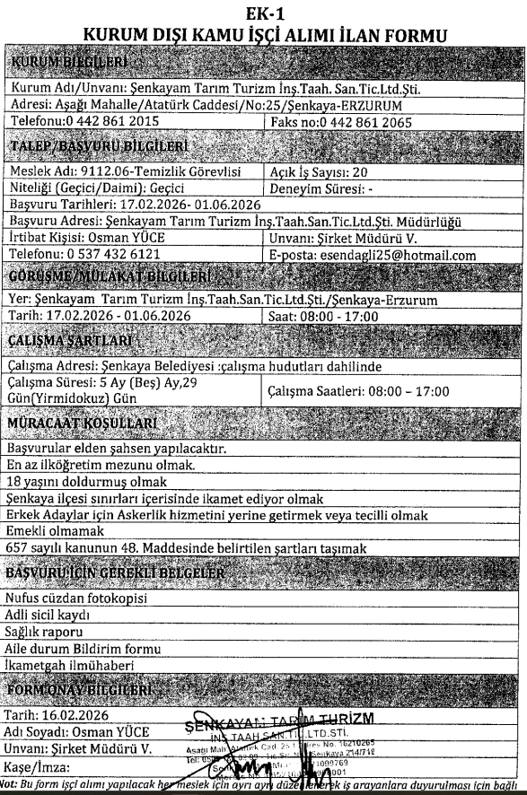 Erzurum Şenkayam Şirketi 20 Temizlik Görevlisi Alımı