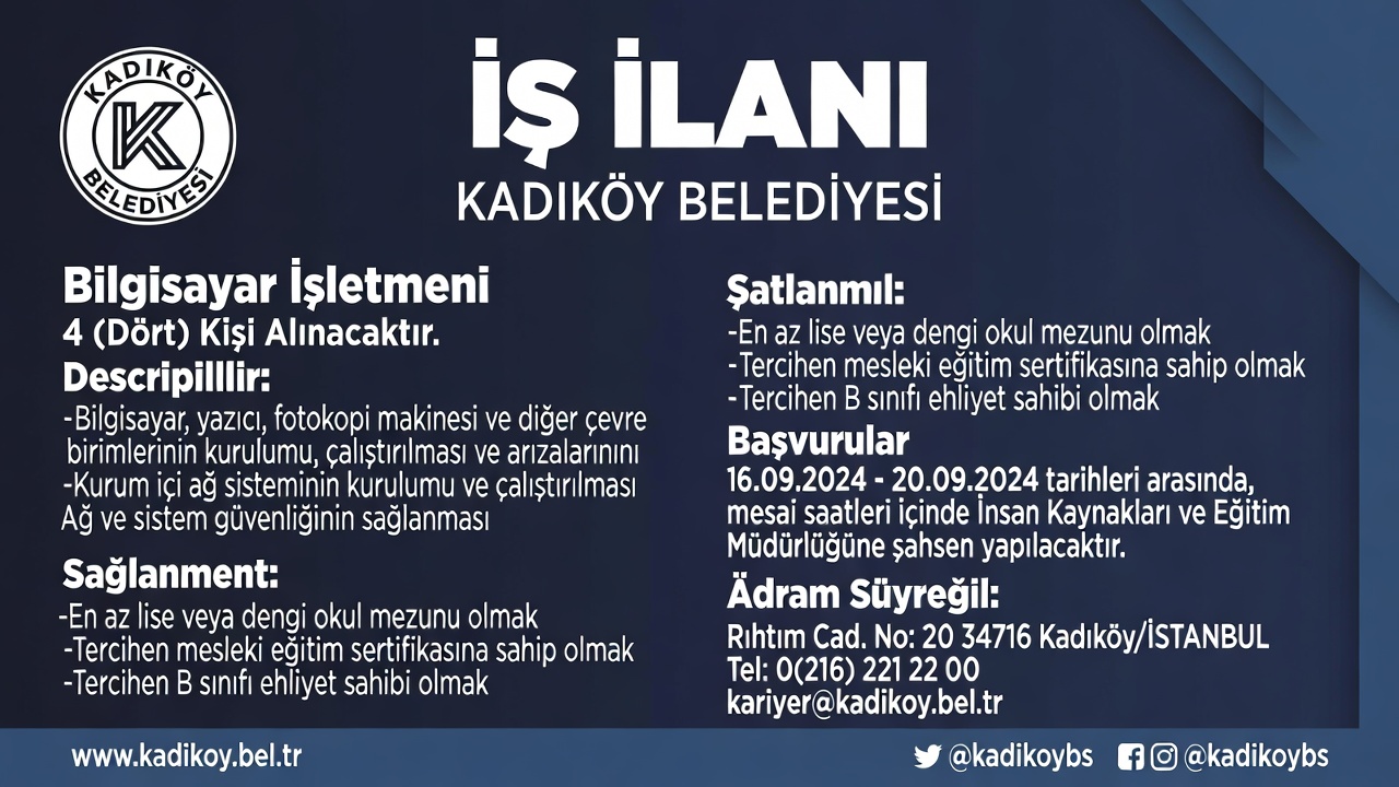Kadıköy Belediyesinde 4 Bilgisayar İşletmeni Alımı